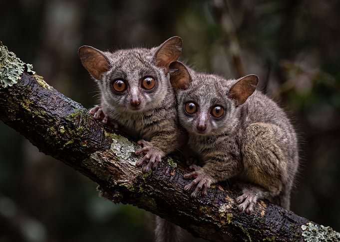 Two Bushbabies on a Tree Branch