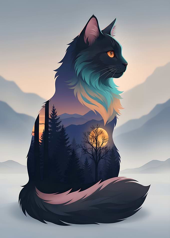 Double Exposure Cat Forest Silhouette Nature