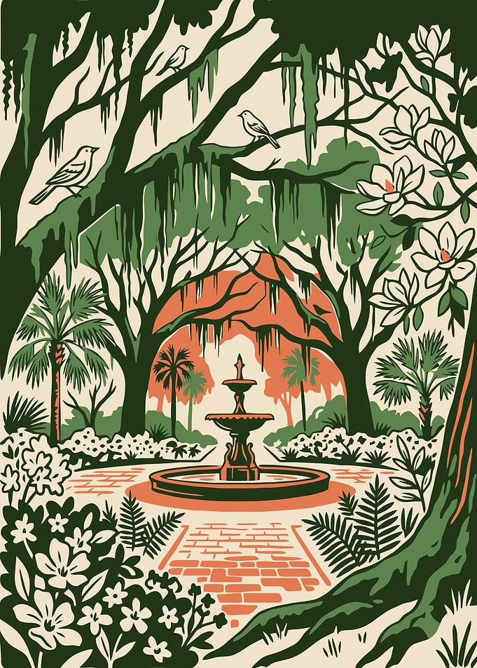 Southern Garden Fountain Illustration