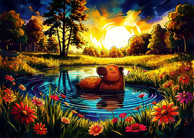 Happy Capybara Relaxing in Pond