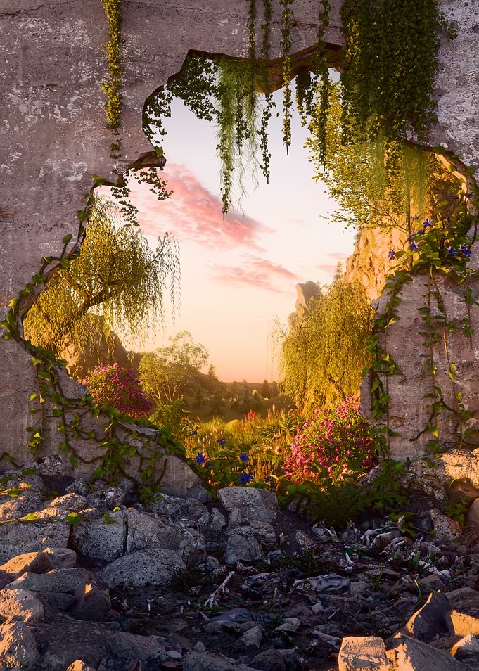 Ruined Wall Overlooking Sunset Landscape