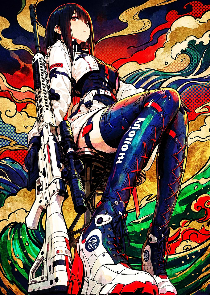 Anime Girl with Rifle and Ukiyo-e