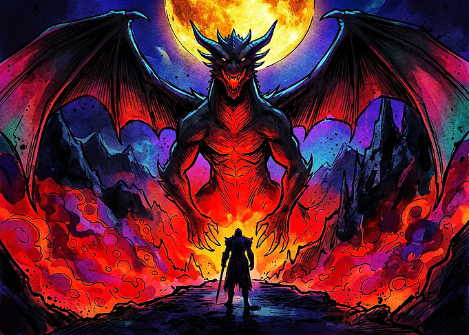 Warrior Facing a Fearsome Dragon