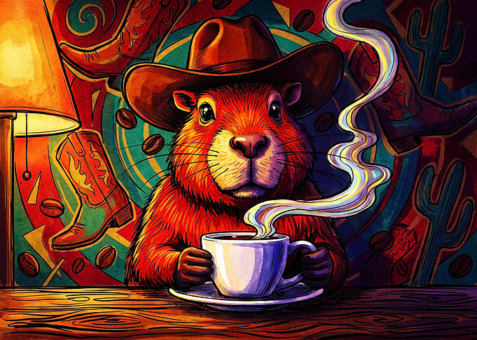 Cowboy Groundhog Drinking Morning Coffee