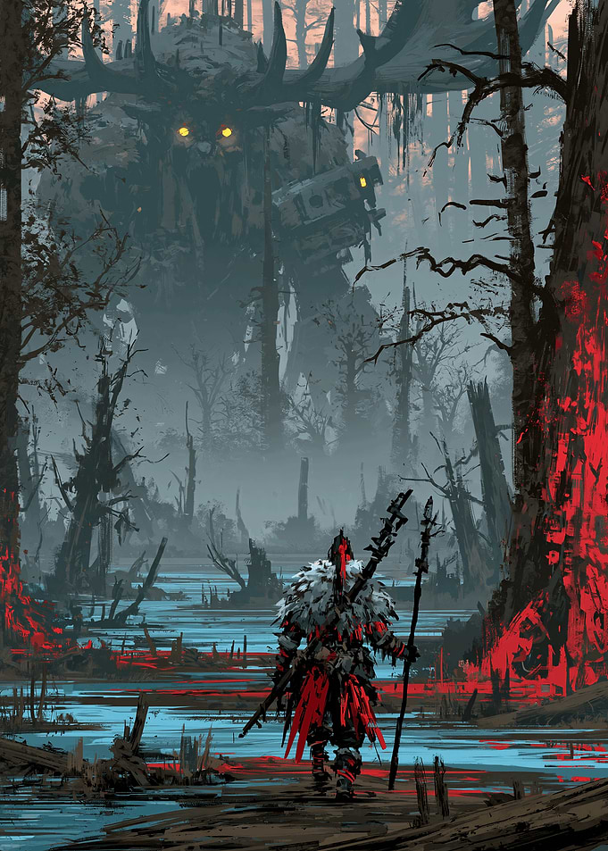 Warrior Facing a Giant Forest Beast