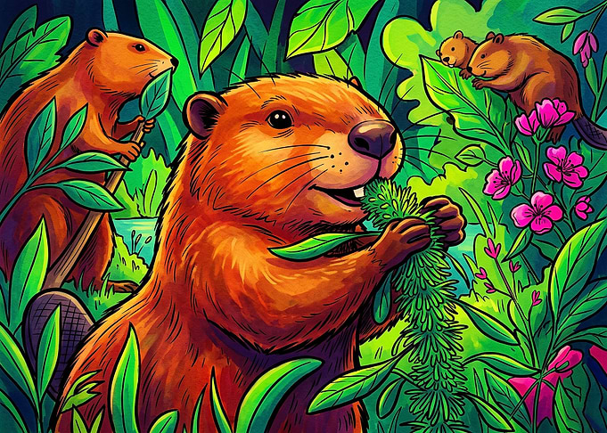 Family of Beavers in Lush Nature