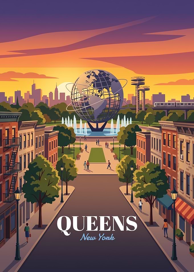 Queens New York Sunset Travel Poster