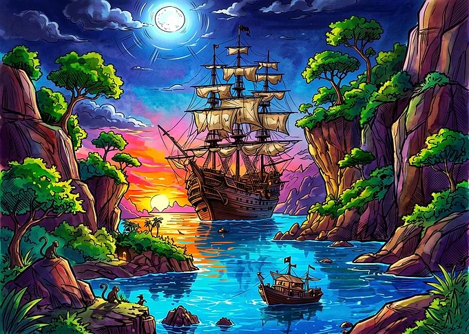Pirate Ship in Tropical Lagoon