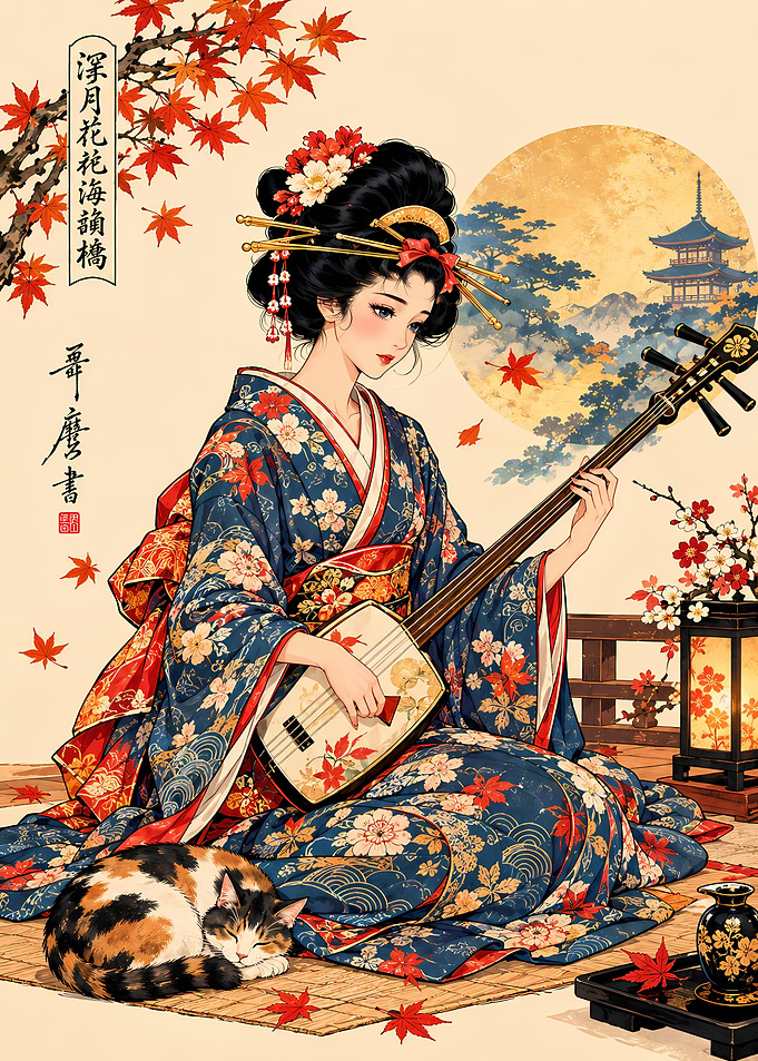 Geisha Playing Shamisen with Calico Cat