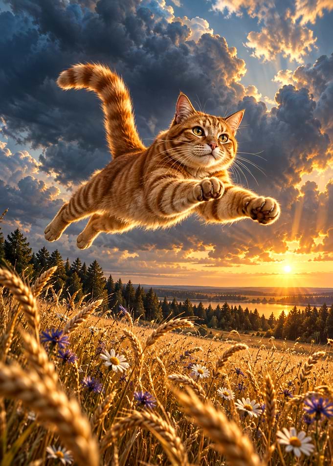 Ginger Cat Leaping Over Wheat Field