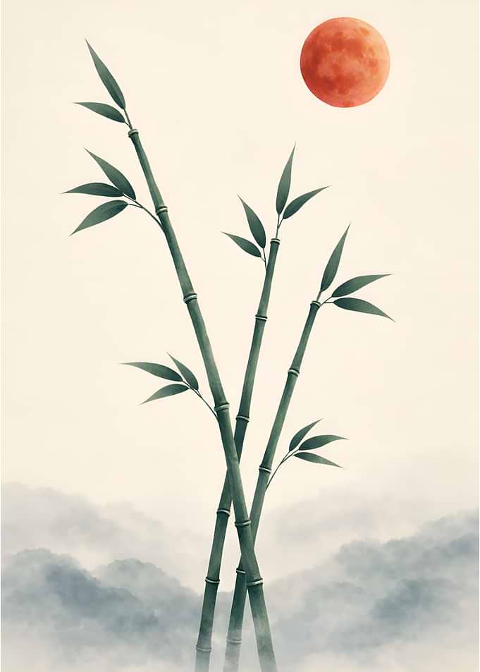 Green Bamboo Red Moon Misty Mountains