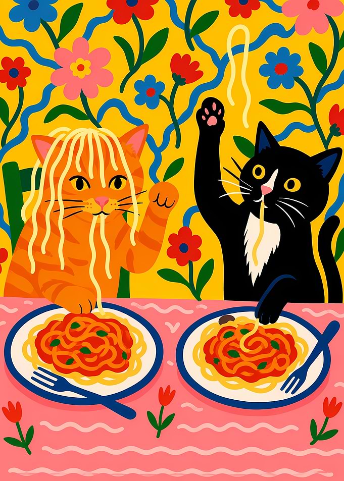 Two Cats Eating Spaghetti Illustration