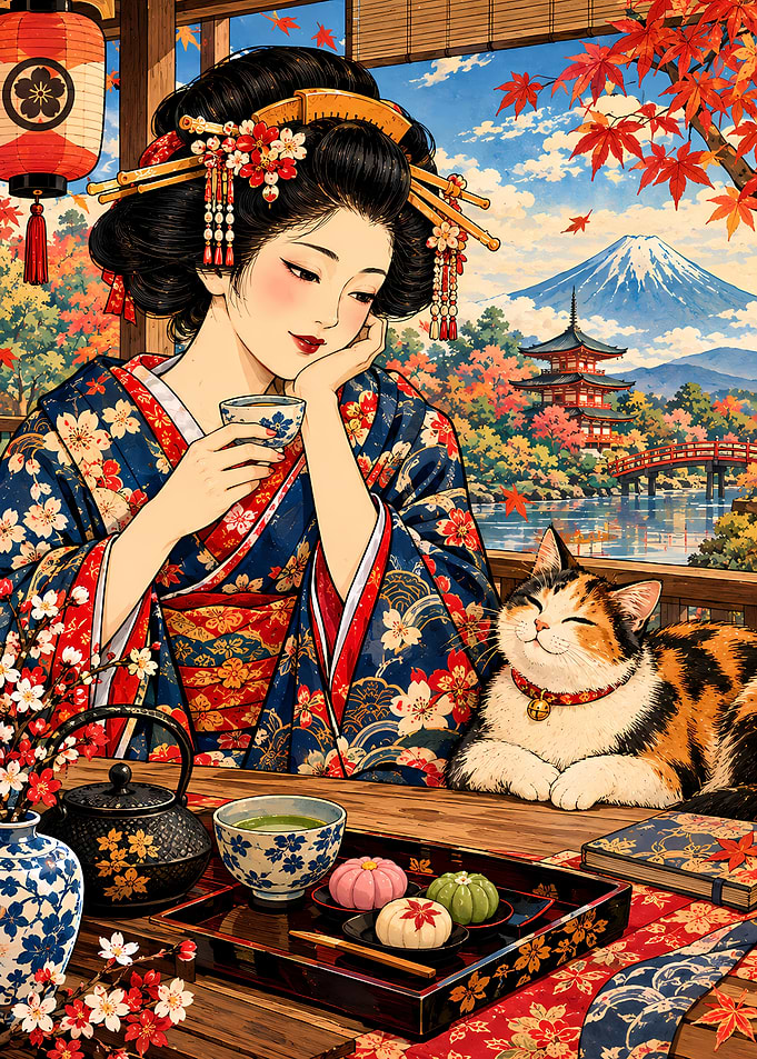 Geisha Enjoying Tea with Calico Cat