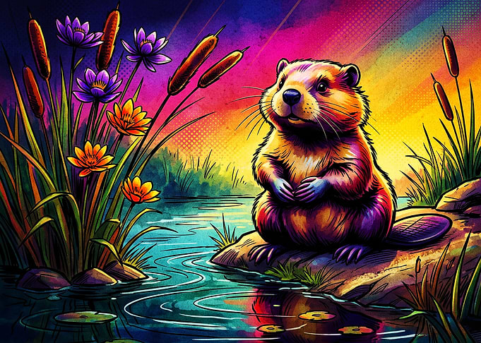 Colorful Beaver by the Pond