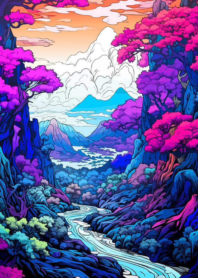 Vibrant Surreal Mountain River Landscape