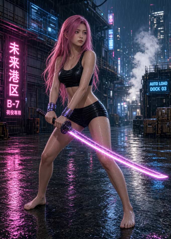 Cyberpunk Warrior with Glowing Katana