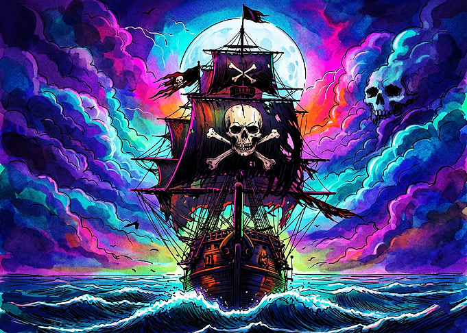 Neon Pirate Ship Under Full Moon