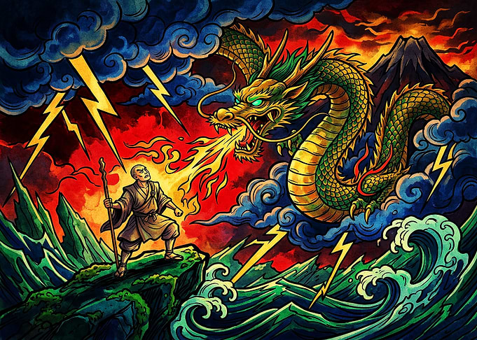 Monk Facing a Fire-Breathing Dragon