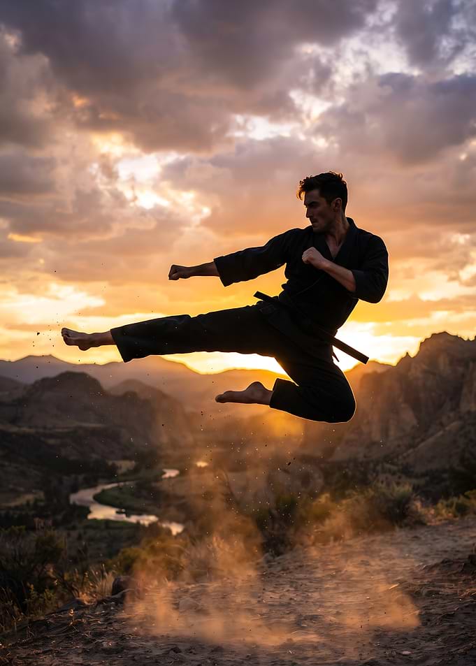 Martial Artist Performing Flying Kick