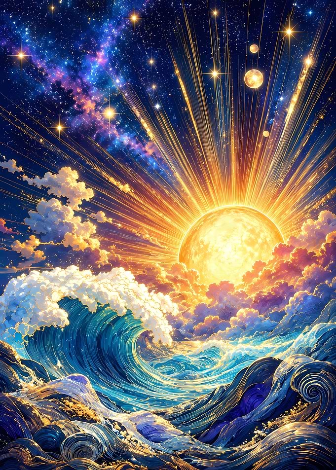 Celestial Sun Over Turbulent Ocean Waves