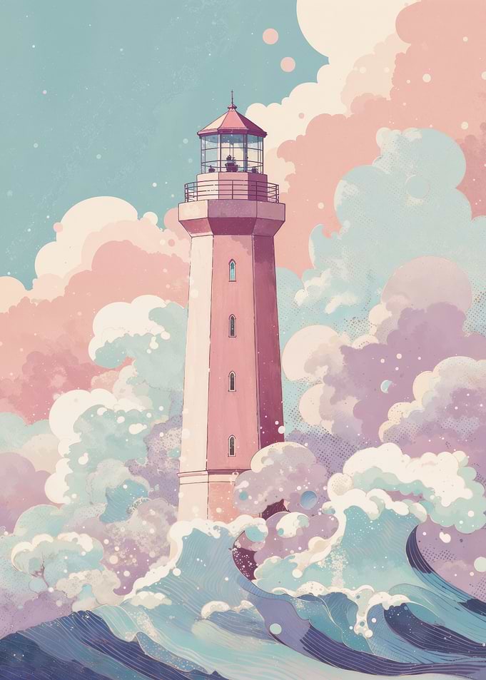 Pink lighthouse standing among waves and clouds