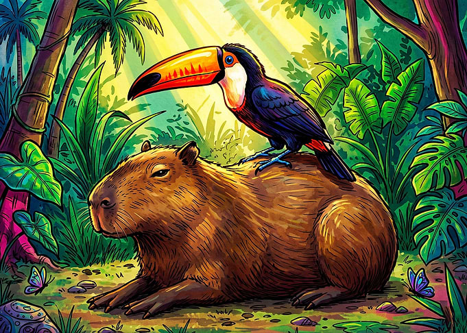 Capybara and Toucan in Jungle