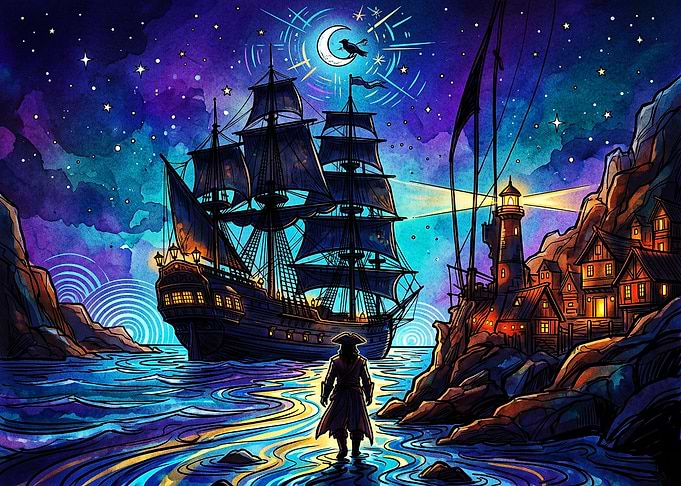 Pirate Ship at Night Fantasy Art