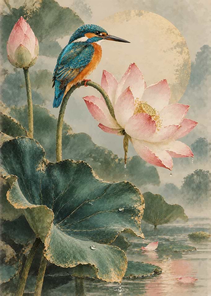 Kingfisher Perched on Lotus Flower