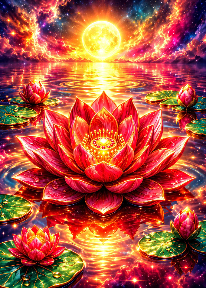 Radiant Lotus Flowers Under Cosmic Sky