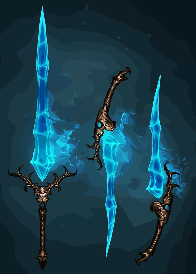 Three Magical Glowing Blue Crystal Swords