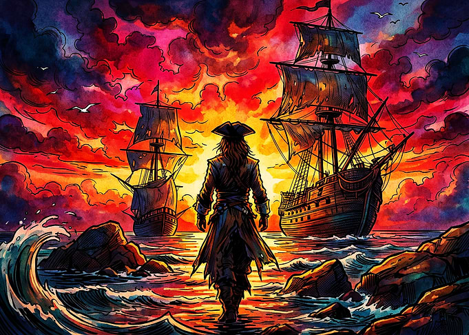 Pirate Captain Facing Two Ships