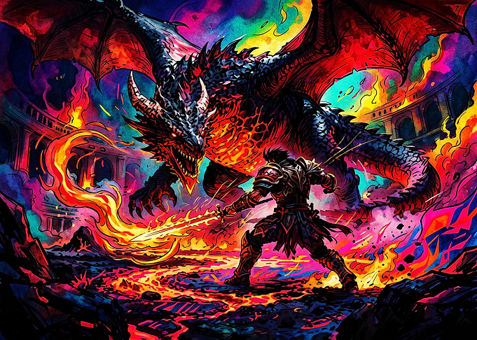 Warrior Battling a Fiery Dragon