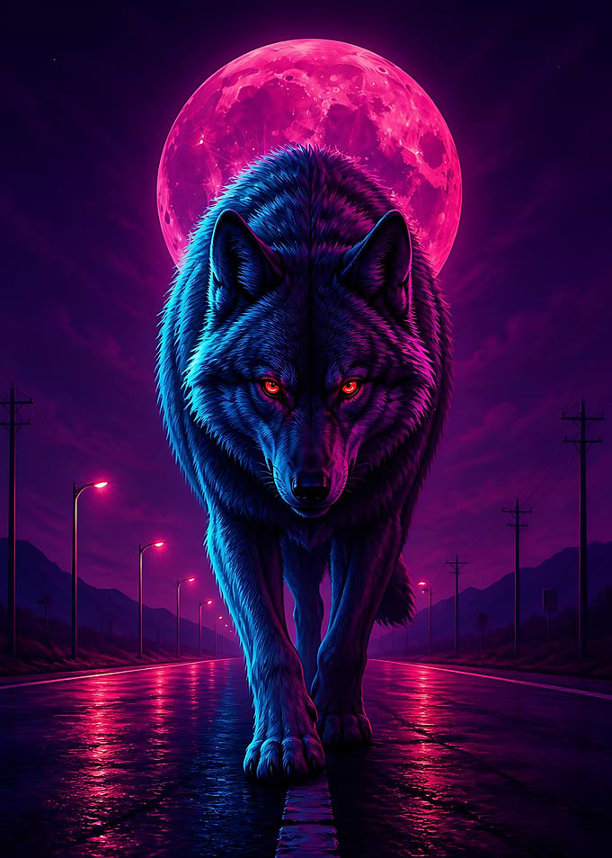 Neon Wolf Under Pink Moon