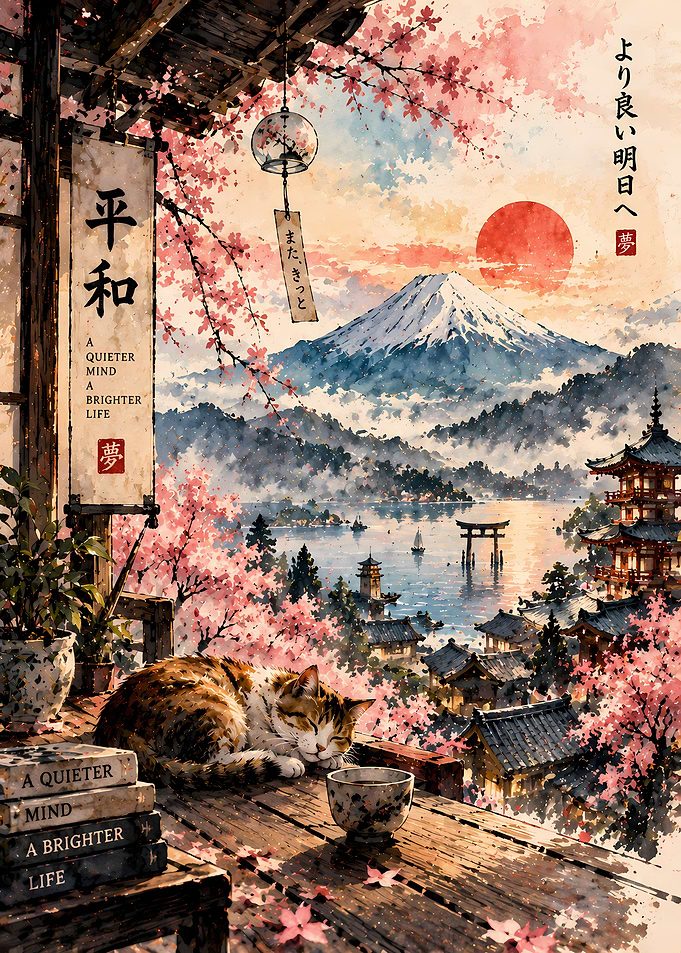 Peaceful Cat Resting by Mount Fuji