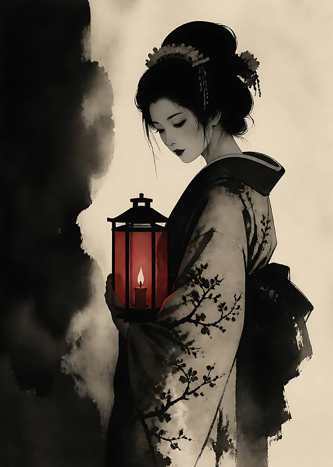 Geisha Holding a Red Lantern