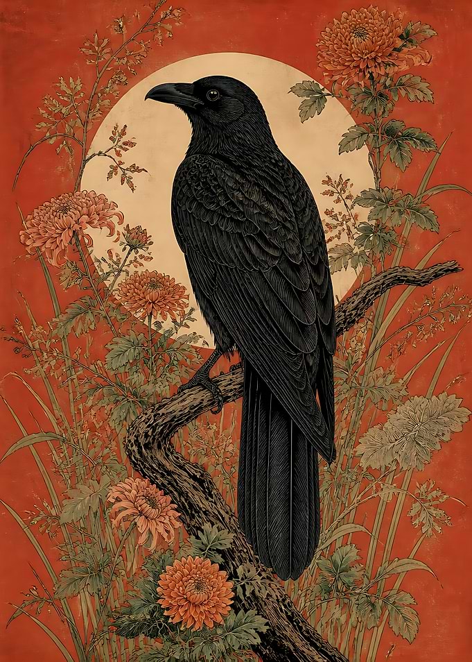 Black Crow on Chrysanthemum Branch