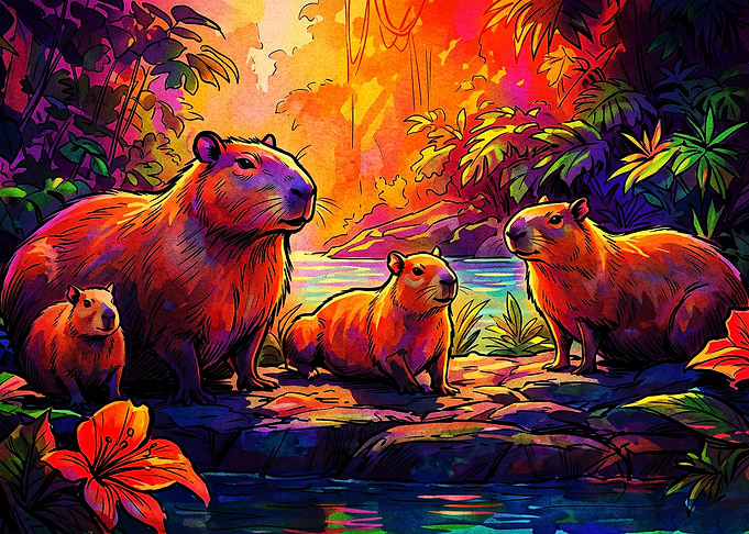 Vibrant Capybara Family in Jungle
