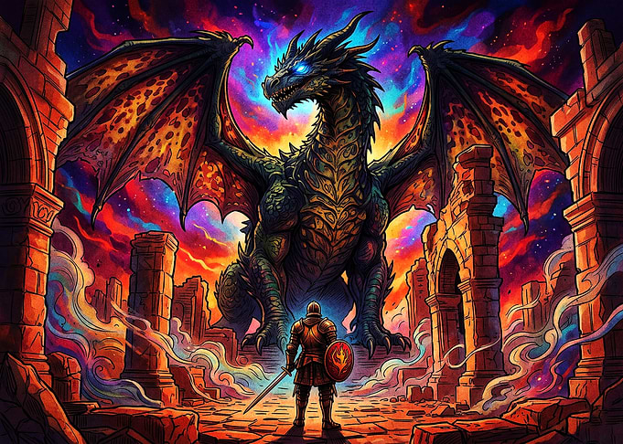 Knight Facing a Cosmic Dragon