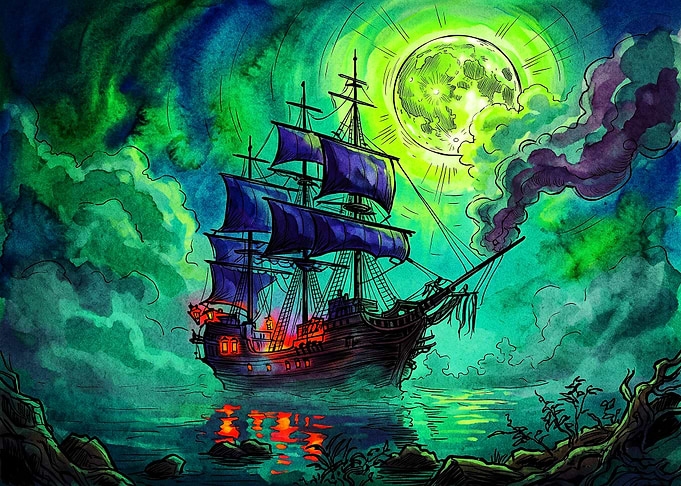 Ghost Ship Under Green Moon