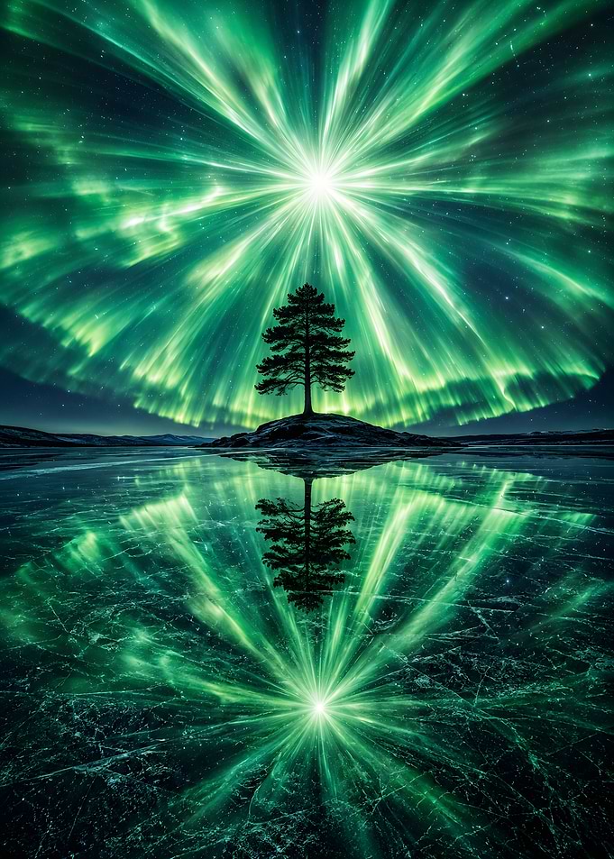 Lone Tree Under Green Aurora