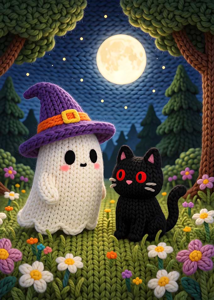 Knitted Ghost and Black Cat
