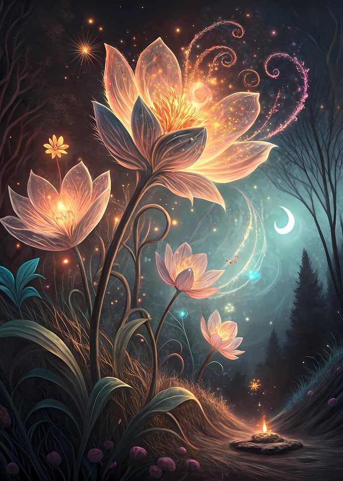 Glowing Magical Flowers in Moonlight