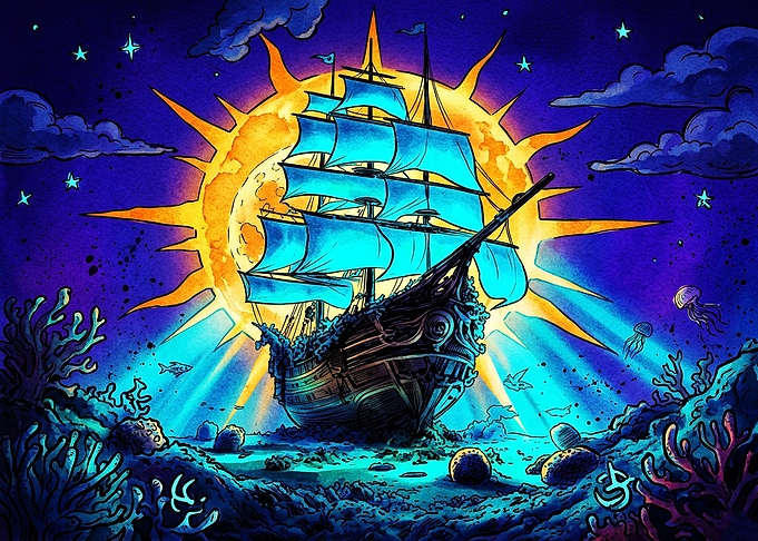 Sunken Ship Under Glowing Sun