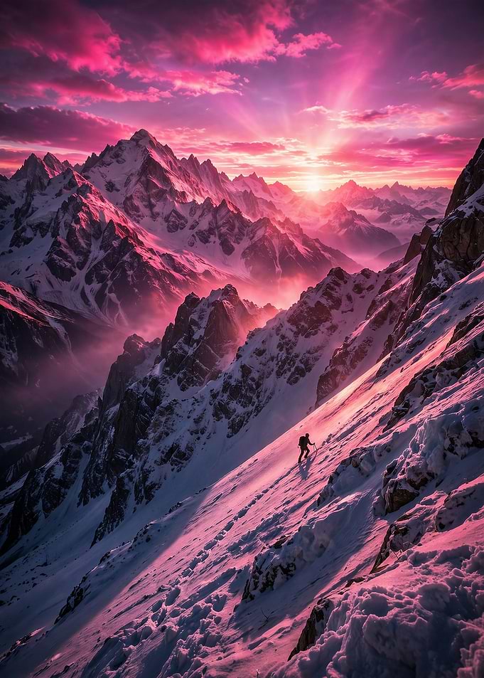 Lone Hiker on Snowy Mountain Peak