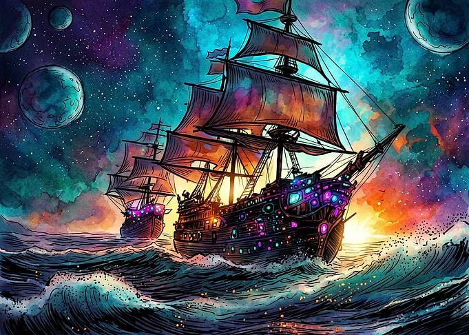 Cosmic Sailing Ships on Neon Seas
