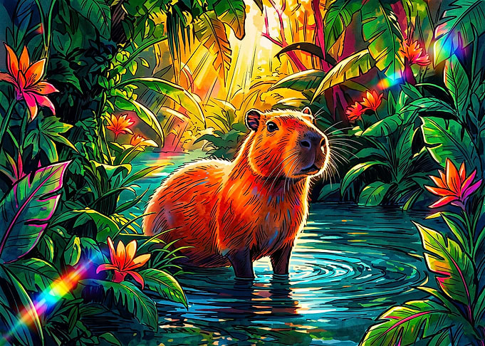 Vibrant Capybara in Tropical Jungle