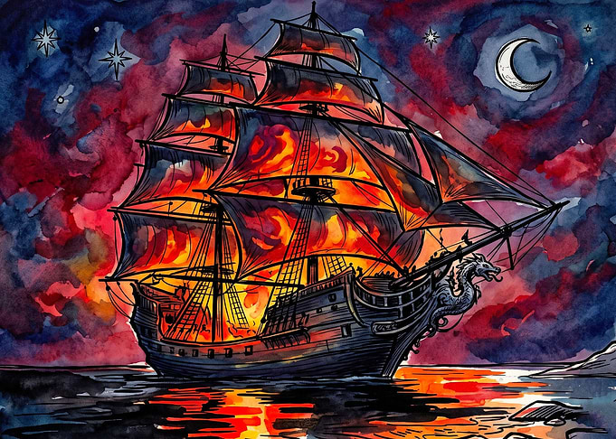 Burning Ghost Ship at Night