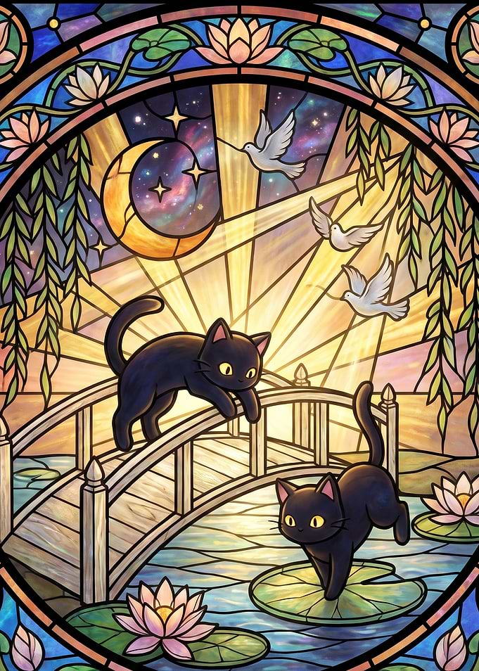 Stained Glass Cats on Bridge