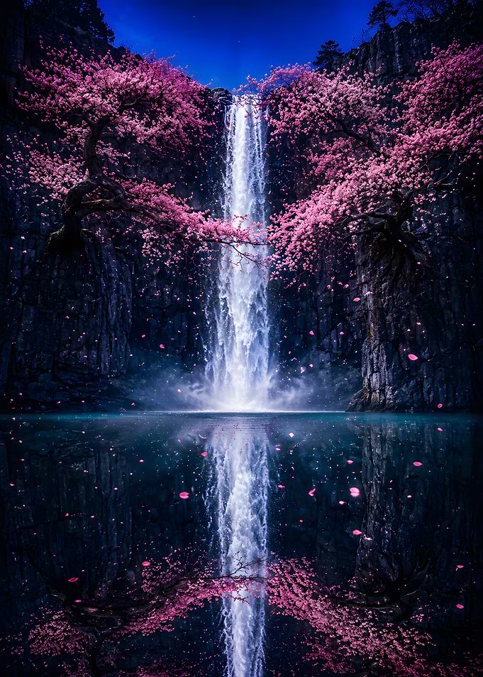 Enchanted Waterfall with Cherry Blossoms