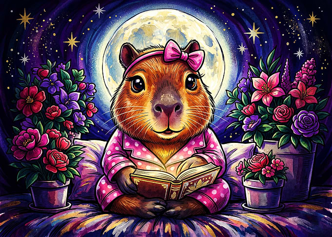 Cute Capybara Reading Under Moonlight